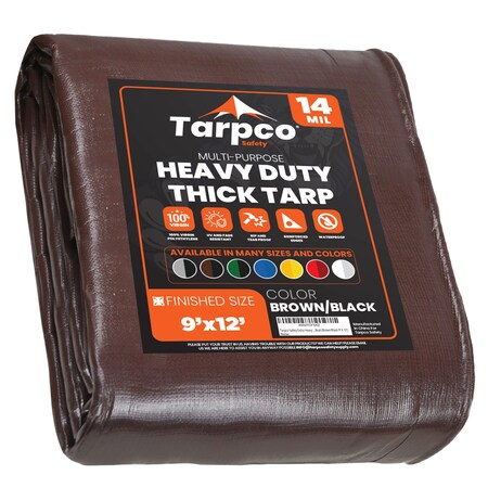 Tarpco Safety Heavy Duty Tarp, 12 ft L x 0.5 mm H x 9 ft W, 14 Mil, Brown/Black, Polyethylene TS-102-9X12